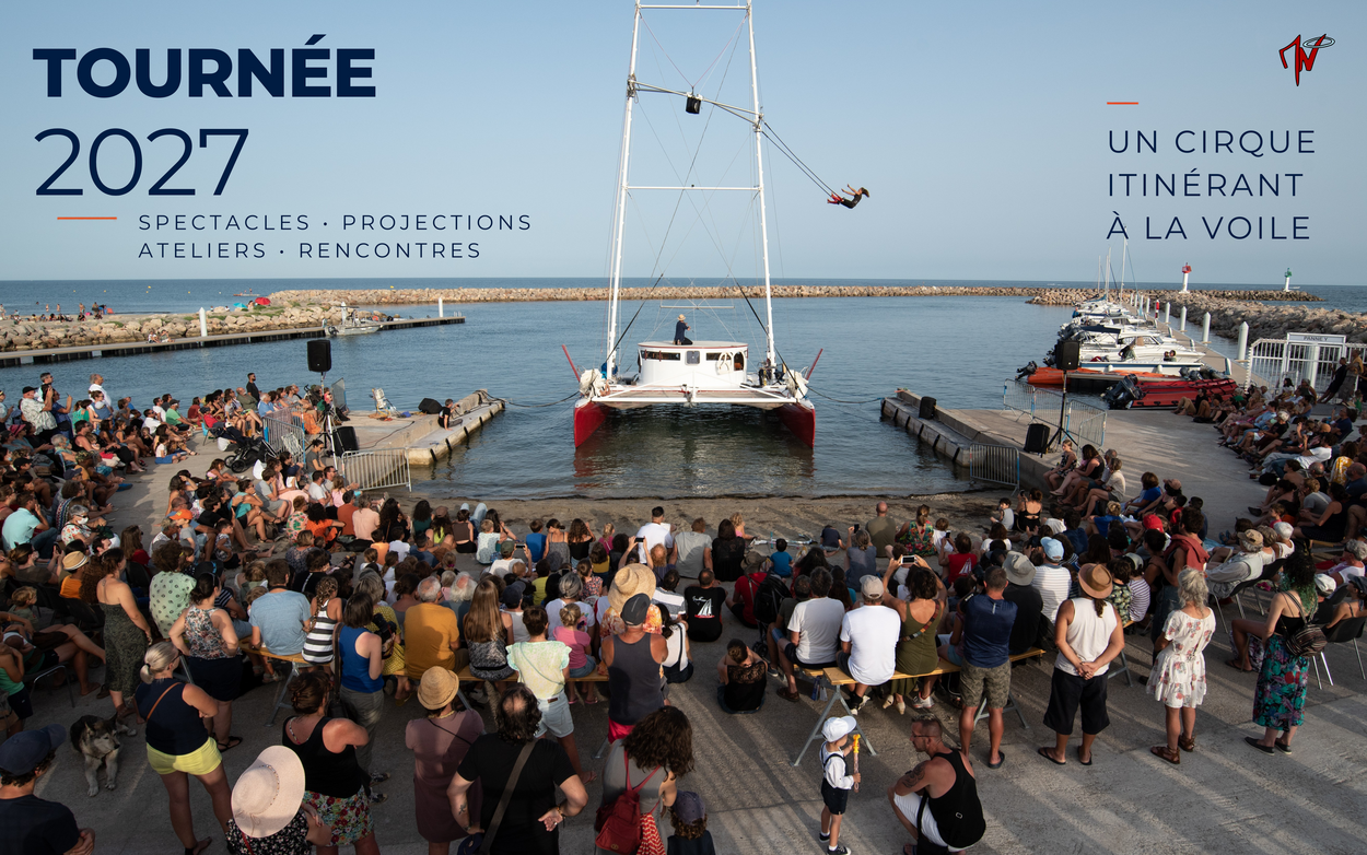 Affiche Tournée 2027 — cirque itinérant à la voile, spectacles, projections, ateliers et rencontres